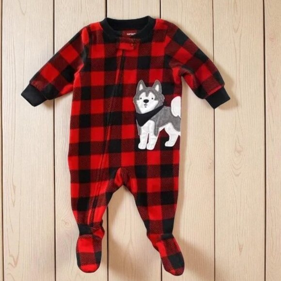 Carter's Buffalo Plaid Puppy Dog Zip-Up Fleece Footie 3 Months - Picture 1 of 7